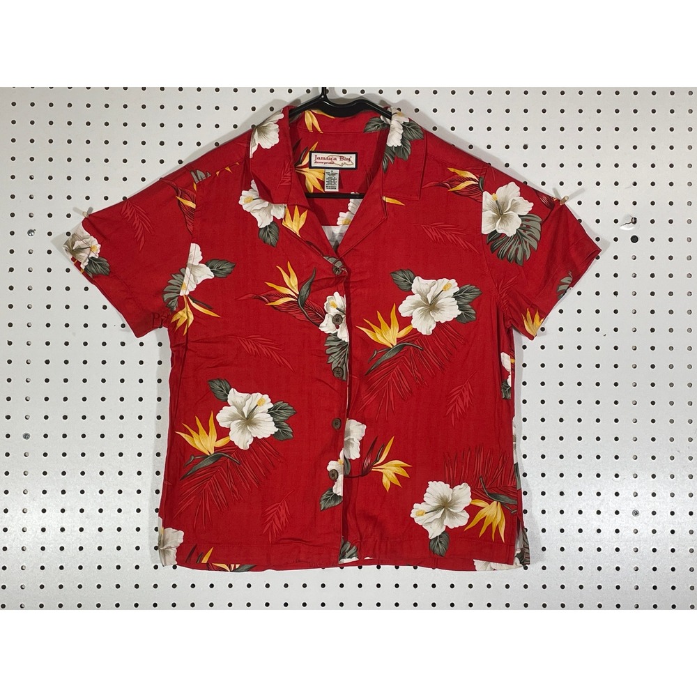 Jamaica Bay Red Floral Tropical Hibiscus Rayon Button Up Shirt Womens Medium